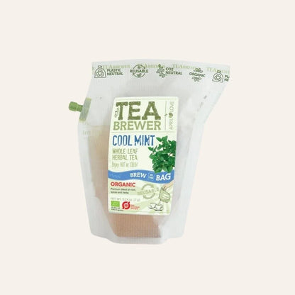 Infusion bio menthe poivrée et citronnelle en Teabrewer, détail du packaging prêt à offrir, idée cadeau fraîche et contemporaine – KoolKado