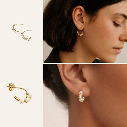 Parure créoles December portée à l’oreille, ensemble de créoles et mini créoles en perles de culture, idée cadeau femme élégante pour oreilles à plusieurs trous – KoolKado