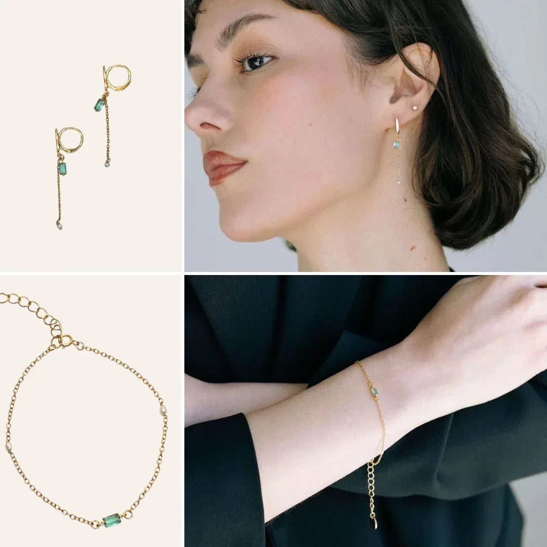 Parure Nina composée de boucles d’oreilles et d’un bracelet assorti en perles de culture et cristal, portée et en détail, idée cadeau élégante faite main en France – KoolKado