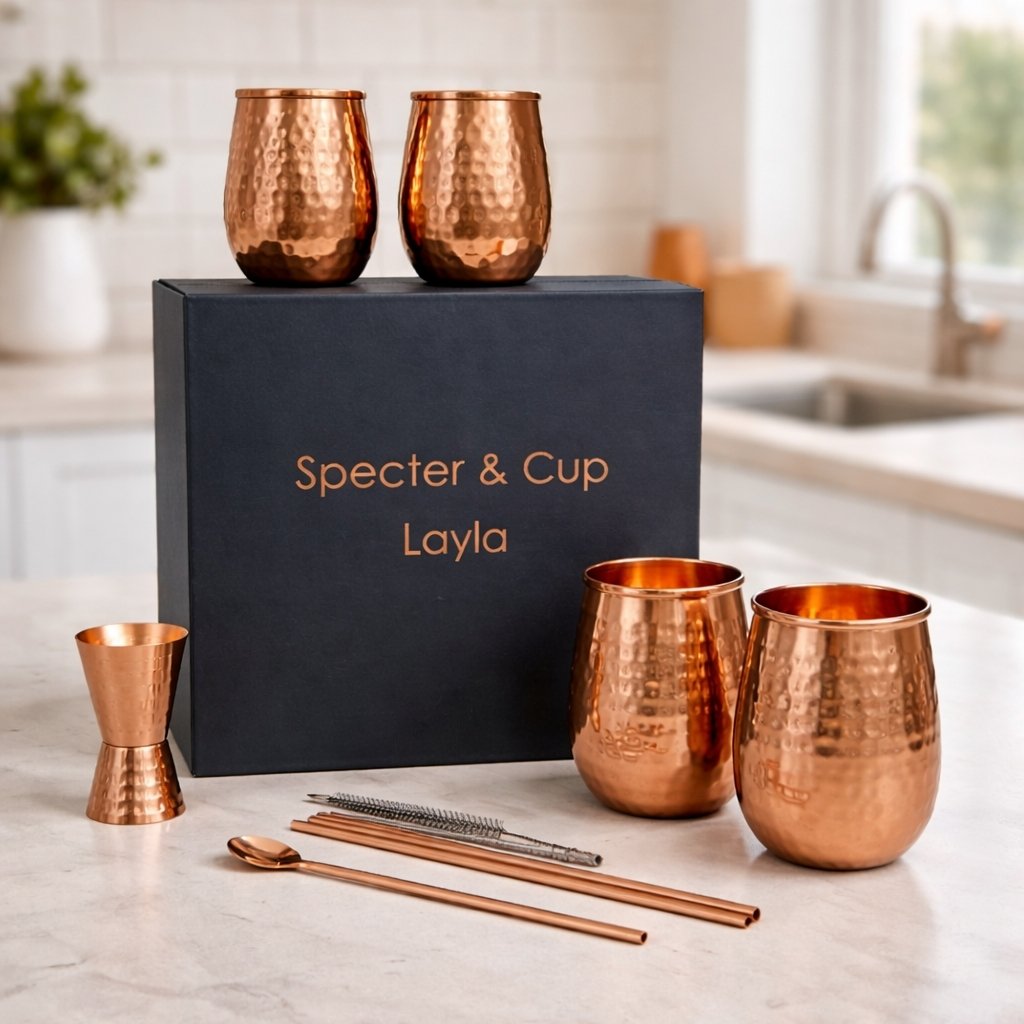 Set de gobelets Layla en cuivre pur martelé 470 ml présenté en coffret avec accessoires, idée cadeau statutaire pour mariage ou anniversaire – KoolKado