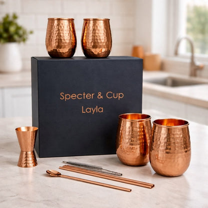 Set de gobelets Layla en cuivre pur martelé 470 ml présenté en coffret avec accessoires, idée cadeau statutaire pour mariage ou anniversaire – KoolKado