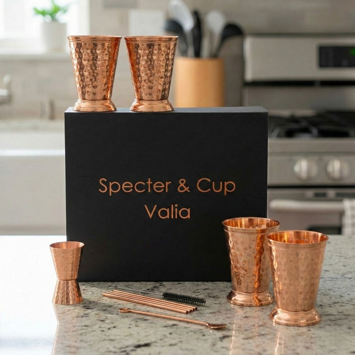 Set de gobelets Valia en cuivre pur style romain 300 ml avec accessoires, présenté en coffret élégant, idée cadeau raffinée pour mariage ou anniversaire – KoolKado