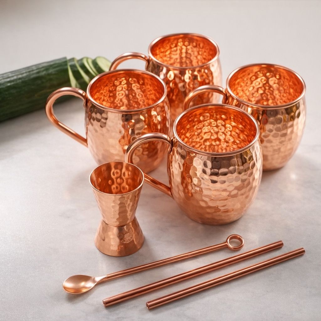 Set de 4 mugs Líon en cuivre pur martelé 500 ml avec accessoires, présenté en coffret prêt à offrir, idée cadeau d’exception pour anniversaire ou mariage – KoolKado